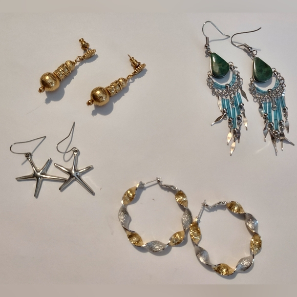 Estate Jewelry - Silver & Gold Tone Earring Lot Of Four Pairs Hoops Dangle Starfish Handmade (4)